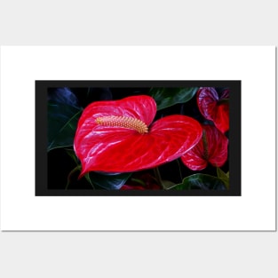 closeup macro photography of single vivid red waxy and shiny lily with long pollen laden golden center Posters and Art